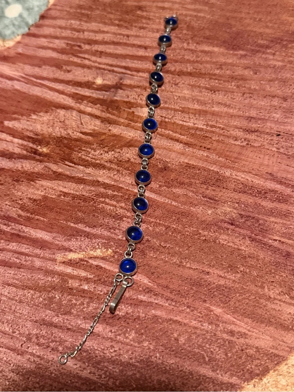 925 Sterling Silver Blue Cabochon Link Bracelet - Unbranded
